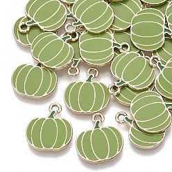 Olive Drab Autumn Theme Alloy Enamel Pendants, Light Gold, Pumpkin, Olive Drab, 18.5x16x2mm, Hole: 2mm