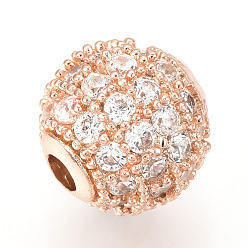 Rose Gold Brass Micro Pave Cubic Zirconia Beads, Round, Clear, Rose Gold, 10mm, Hole: 2mm