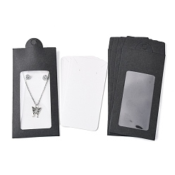 Noir Boîtes en papier, avec des cartes d'affichage de bijoux de collier et de boucle d'oreille et une fenêtre en pvc transparent, boîtes d'emballage, rectangle, noir, 15.4x6.7x0.1 cm, Trou: 8mm, fenêtre: 85x44 mm