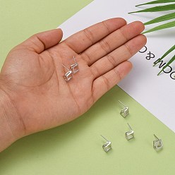 Platinum Rhodium Plated 925 Sterling Silver Stud Earring Findings, with Micro Pave Cubic Zirconia, Bar Links and Ice Pick Pinch Bail, Rhombus, Platinum, 10x10mm, Pin: 0.8mm