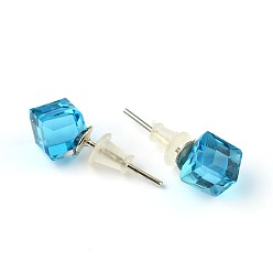 Aquamarine Shiny Glass Rhinestone Stud Earrings, with Platinum Brass Ear Stud Components, Aquamarine, 9x7mm, Pin: 0.7mm