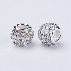 Crystal AB Silver Color Plated Alloy Grade A Rhinestone European Beads, Large Hole Beads, Rondelle, Crystal AB, 11.5~12x10mm, Hole: 4mm