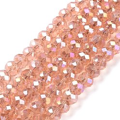 Pink Electroplate Glass Beads Strands, AB Color Plated, Faceted, Rondelle, Pink, 8x5~6.5mm, Hole: 1mm, about 72pcs/strand, 16.5 inch