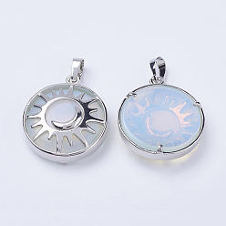 Opalite Pendentifs opalite, avec les accessoires en laiton, plat rond avec le soleil et la lune, platine, 31x27.5x8mm, Trou: 5x7mm