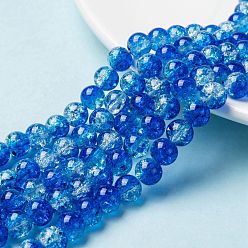 Blue Baking Painted Crackle Glass Bead Strands, Two Tone, Round, Blue, 8mm, Hole: 1.3~1.6mm, about 100pcs/strand, 31.4 inch