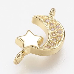 Golden Brass Micro Pave Cubic Zirconia Links, Moon and Star, Golden, 16.5x8.5x3mm, Hole: 1.5mm