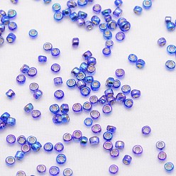 Bleu 8/0 rondes perles de rocaille de verre, Grade a, argent bordée trou carré, couleurs transparentes arc, bleu, 2.8~3.2mm, trou: 1.0 mm, environ 15000 pièces / livre