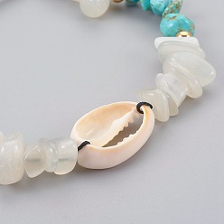 Turquoise Synthétique Bracelets de perles tressées en turquoise synthétique (teinte) et pierre de lune blanche naturelle, avec cauris, 1-7/8 pouces ~ 3-1/8 pouces (4.7~8 cm)