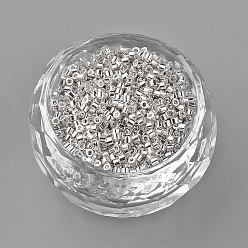 Silver Electroplate Cylinder Seed Beads, Uniform Size, Metallic Colours, Silver, 1~1.5x1.5~2mm, Hole: 0.5mm, about 50g/bag, about 5000pcs/bag