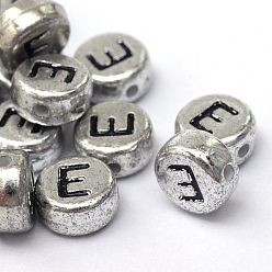 Letter E Perles de lettre à trou horizontal en acrylique plaqué, plat rond, letter.e, 7x4mm, Trou: 1.3mm, environ3600 pcs / 500 g