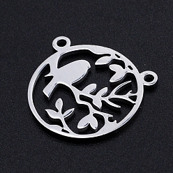 Stainless Steel Color 201 Stainless Steel Pendants, Filigree Joiners Findings, Laser Cut, Round Ring with Branch with Bird, Stainless Steel Color, 17.5x18x1mm, Hole: 1.5mm