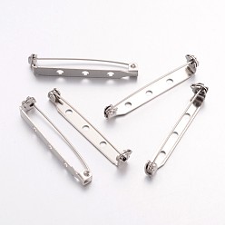 Platinum Iron Brooch Findings, Back Bar Pins, with Three Holes, Platinum, 38x5mm, Hole: 2mm, Pin: 1mm