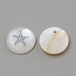 Platinum Freshwater Shell Pendants, Flat Round & Starfish/Sea Stars, Platinum, 16x3.5~4mm, Hole: 1.2mm