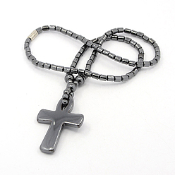 Black Mens Saint Ankh Cross Hematite Pendant Necklaces, Easter Mass Pray Jewelry, with Brass Magnetic Clasps, Black, 18 inch
