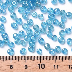 Light Cyan Glass Seed Beads, Trans. Colours Lustered, Round, Light Cyan, 4mm, Hole: 1.5mm, about 500pcs/50g, 50g/bag, 18bags/2pounds