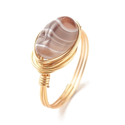 Botswana Agate Natural Botswana Agate Oval Finger Rings, Copper Wire Wrapped Jewelry for Women, Golden, US Size 8 1/4(18.3mm)~US Size 8 3/4(18.7mm)