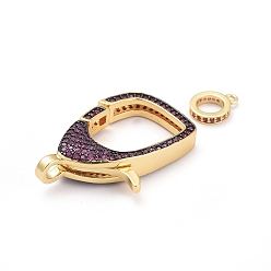 Golden Brass Micro Pave Cubic Zirconia Lobster Claw Clasps, with Bail Beads/Tube Bails, Magenta, Golden, Clasp: 31x21x7mm, Hole: 3mm, Tube Bails: 10x8x2mm, Hole: 1mm
