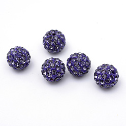 Tanzanite Polymer Clay Pave Rhinestone Beads, Disco Ball Beads, Tanzanite, PP13(1.9~2mm), 6 Rows Rhinestone, 10mm, Hole: 1.5mm