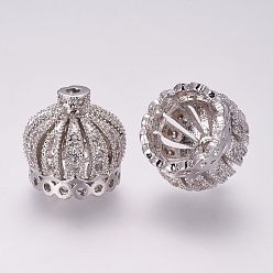 Platinum Brass Micro Pave Cubic Zirconia Beads, Tassel Cap Bail, Crown, Hollow, Platinum, 12.5x13mm, Hole: 1.5mm