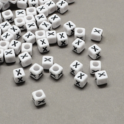 Letter X Large Hole Acrylic Letter European Beads, Horizontal Hole, White & Black, Cube with Letter.X, 6x6x6mm, Hole: 4mm, about 2950pcs/500g