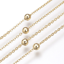 Real 18K Gold Plated Soldered Brass Cable Chains, Satellite Chains, with Brass Beads, with Spool, Flat Oval, Nickel Free, Real 18K Gold Plated, 1.5x1.4x0.3x0.4mm, about 98.42 Feet(30m)/roll