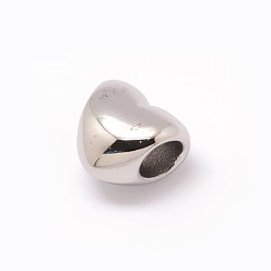 Stainless Steel Color Heart 304 Stainless Steel European Large Hole Beads, Stainless Steel Color, 10x11.5x8mm, Hole: 5mm