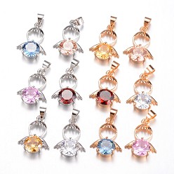 Mixed Color Brass Cubic Zirconia Pendant, Angel, Mixed Color, 20x14x5mm, Hole: 4x5mm