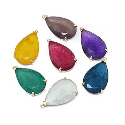 Mixed Color Natural Jade Pendants, with Brass Findings, Faceted, teardrop, Dyed, Golden, Mixed Color, 31.5~32.5x18~18.5x5.5~6mm, Hole: 1.4mm
