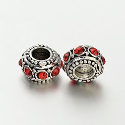 Mixed Color Antique Silver Zinc Alloy Rhinestone Large Hole European Rondelle Beads, Mixed Color, 10~12x6mm, Hole: 4.5mm