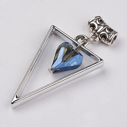 Mixed Color Alloy Pendants, with Glass Heart, Triangle, Mixed Color, 48.5mm, Hole: 3mm, Pendant: 25x39x3.8mm