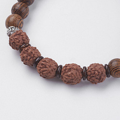 Wood Natural Lava Rock & Wenge Wood Beads & Coconut Stretch Bracelets, with Alloy Findings, 2 inch(5~5.2cm)