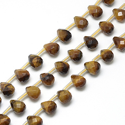 Tiger Eye Natural Tiger Eye Beads Strands, Top Drilled Beads, Faceted Teardrop, 13~14x10~11mm, Hole: 1mm, about 28pcs/strand, 15.7 inch