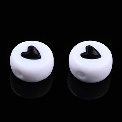 Noir Perles acryliques opaques, avec l'émail, plat et circulaire avec coeur, noir, 7x3.5mm, Trou: 1.2mm, environ3600~3700 pcs / 500 g