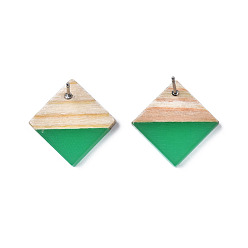 Medium Sea Green Opaque Resin & Wood Stud Earrings, with 304 Stainless Steel Pin, Rhombus, Medium Sea Green, 17x18mm, Pin: 0.7mm
