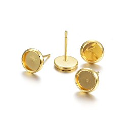 Real 18K Gold Plated 304 Stainless Steel Stud Earring Findings, Flat Round, Real 18k Gold Plated, Tray: 8mm, 10x2mm, Pin: 0.8mm