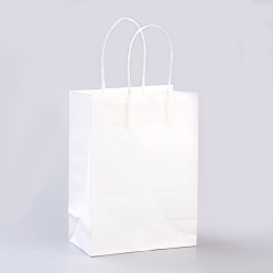 Blanc Sacs en papier kraft de couleur pure, sacs-cadeaux, sacs à provisions, avec poignées en ficelle de papier, rectangle, blanc, 27x21x11 cm