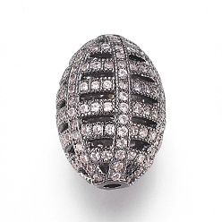 Gunmetal Brass Micro Pave Cubic Zirconia Beads, Sports Beads, Rugby, Clear, Gunmetal, 17x11.5mm, Hole: 1.5mm