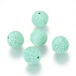 Aquamarine Handmade Cinnabar Beads, Carved Lacquerware, Round, Aquamarine, 16x15mm, Hole: 2mm