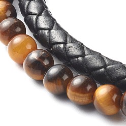 Chocolate Natural Tiger Eye Round Beads Multi-strand Bracelets, with Braided Cowhide Leather, Chocolate, 8-7/8 inch(22.5cm)