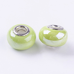Green Yellow Handmade Porcelain European Beads, with Silver Color Brass Double Cores, Rondelle, Green Yellow, 15x10~11mm, Hole: 5mm