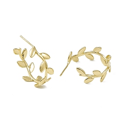 Real 18K Gold Plated Rack Plating Brass Leaf Wrap Stud Earrings, Half Hoop Earrings for Women, Lead Free & Cadmium Free, Real 18K Gold Plated, 24x27x1.5~11mm, Pin: 1mm
