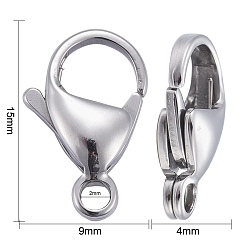 Stainless Steel Color 304 Stainless Steel Lobster Claw Clasps, Parrot Trigger Clasps, Manual Polishing, Stainless Steel Color, 15x9x4mm, Hole: 2mm