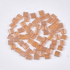 Sandy Brown 2-Hole Transparent Glass Seed Beads, Lustered, Rectangle, Sandy Brown, 5x4.5~5.5x2~2.5mm, Hole: 0.5~0.8mm