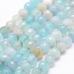 Sky Blue Faceted Natural Agate Beads Strands, Dyed & Heated, Round, Grade A, Sky Blue, 6mm, Hole: 1mm, about 61~62pcs/strand, 14.4~14.6 inch