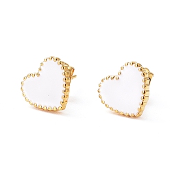 Golden 304 Stainless Steel Stud Earrings, with Enamel and Ear Nuts, Heart, White, Golden, 9.5x10.5x1.5mm, Pin: 0.6mm, 6pairs/card