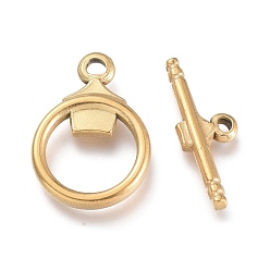 Golden Ion Plating(IP) 304 Stainless Steel Toggle Clasps, Ring, Golden, Ring: 19x13.5x2.7mm, Hole: 1.8mm, Bar: 19.5x7x2.5mm, Hole: 1.2mm