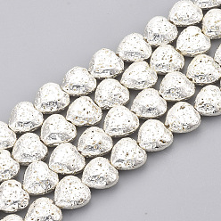 Silver Plated Electroplated Natural Lava Rock Beads Strands, Bumpy, Heart, Silver Plated, 11x10~10.5x4.5~5mm, Hole: 1mm, about 40pcs/strand, 15.7 inch