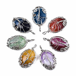 Mixed Color Natural Agate Pendants, with Platinum Tone Brass Wire Wrapped Pendants, Dyed, Oval, Mixed Color, 40~42x22.5~23.5x10~12mm, Hole: 3mm