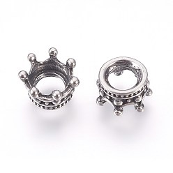 Argent Antique 316 perles chirurgicales en acier inoxydable, Perles avec un grand trou   , couronne, argent antique, 10x5.5mm, Trou: 5mm