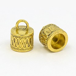 Antique Golden Tibetan Style Cord Ends, Column, Antique Golden, Cadmium Free & Nickel Free & Lead Free, 14.5x11mm, Hole: 4mm, Inner Diameter: 7.5mm